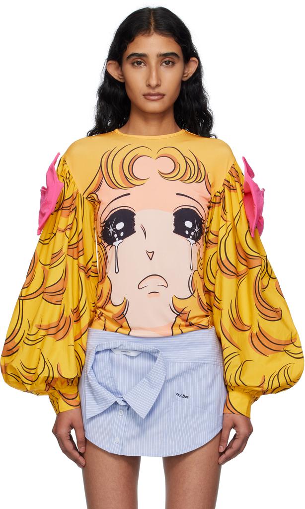 Shop Yellow Crying Girl Puff Sleeve Ribbon T-shirt on Sale at