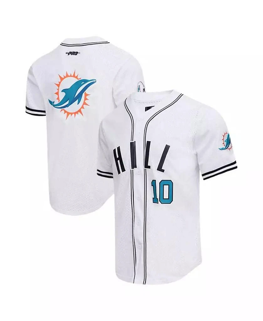 商品Pro Standard|Men's Tyreek Hill White Miami Dolphins Mesh Baseball Button-Up T-shirt,价格¥827,第1张图片