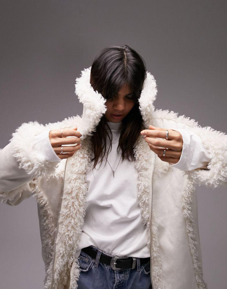 商品Topshop|Topshop faux leather mid length 70s style car coat in white,价格¥653,第1张图片