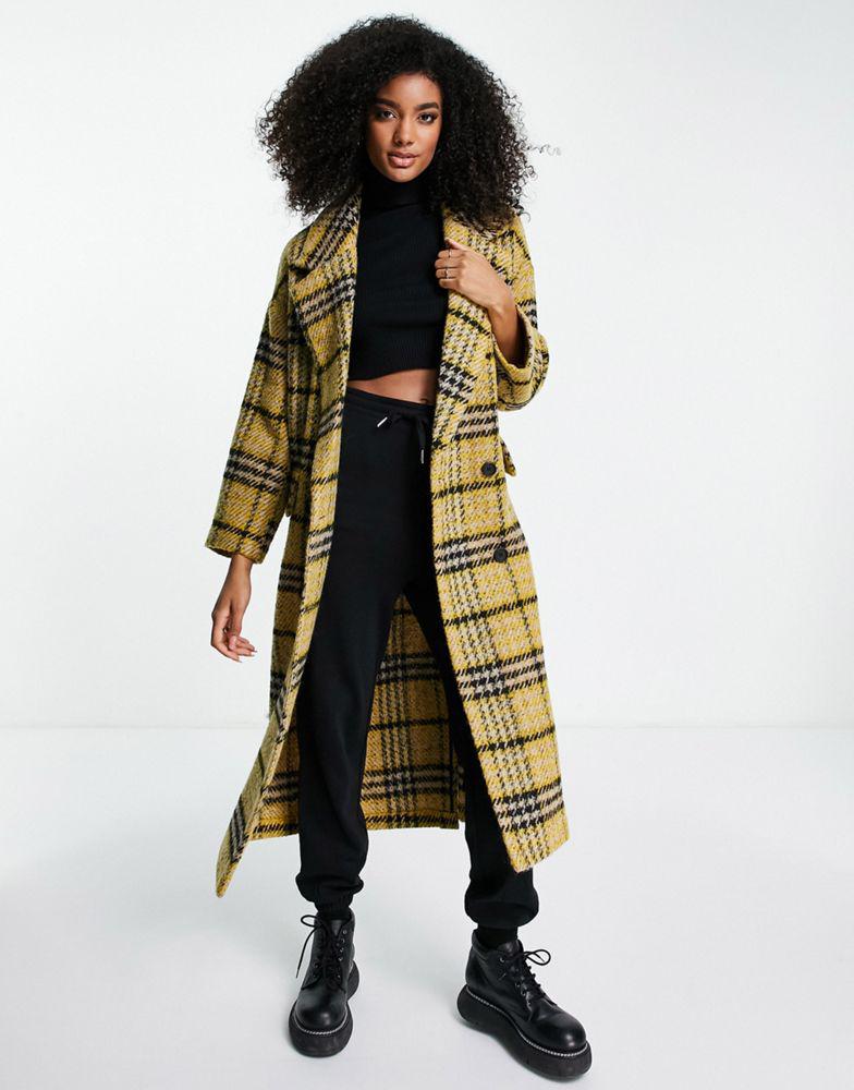 Topshop oversized check long coat in yellow商品第1张图片规格展示