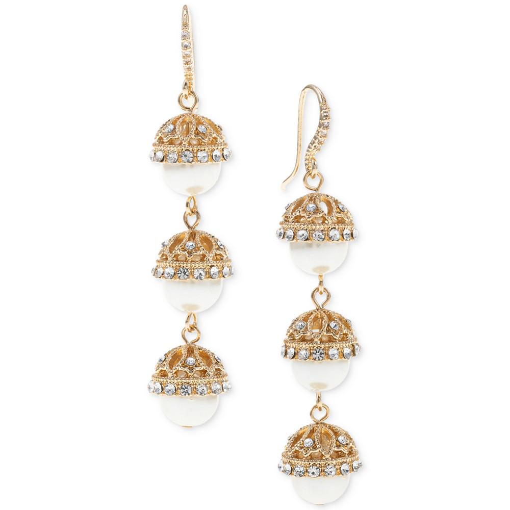 Gold-Tone Pavé & Imitation Pearl Triple Drop Earrings, Created for Macy's商品第1张图片规格展示
