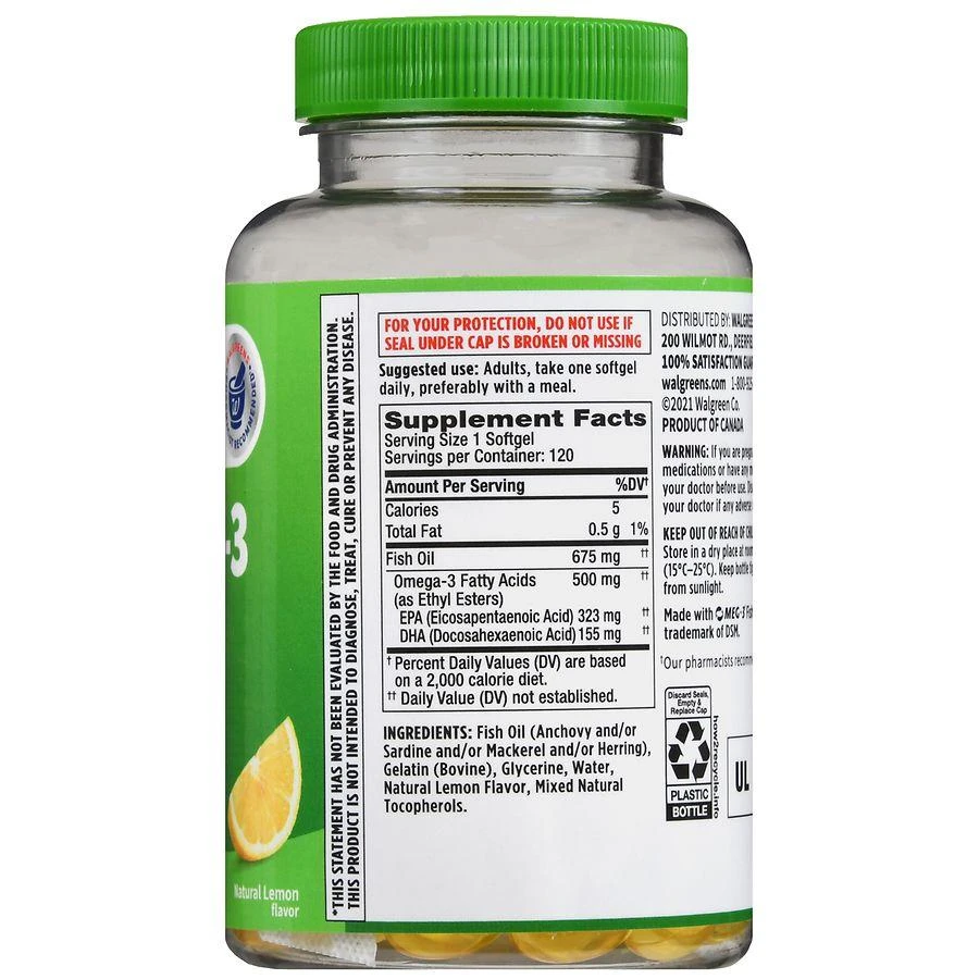 商品Walgreens|Omega-3 From Fish Oil 500 mg Softgels (120 days) Natural Lemon,价格¥108,第3张图片详细描述