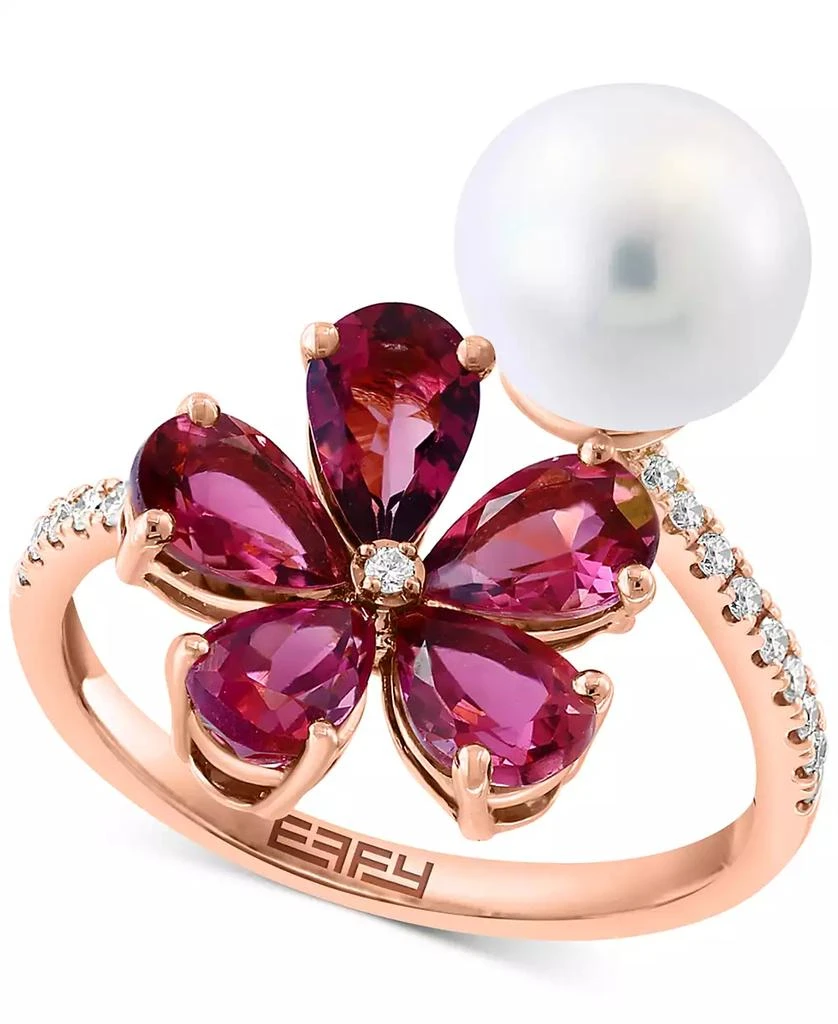 商品Effy|EFFY® Freshwater Pearl (8mm), Pink Tourmaline (5-1/2 ct. t.w.) & Diamond (1/8 ct. t.w.) Flower Bypass Ring in 14k Rose Gold,价格¥8569,第1张图片