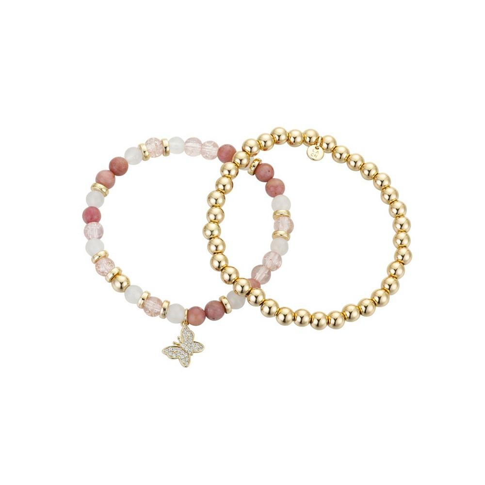 14K Gold Flash-Plated Pink Stone And Gold Bead Butterfly Bracelet Duo商品第1张图片规格展示