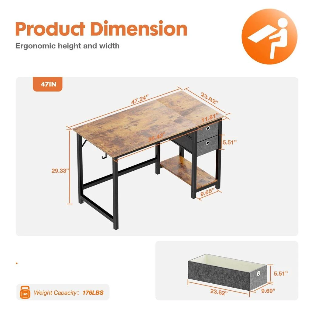 商品Streamdale Furniture|Streamdale Modern Simple Style Home Office Writing Desk with 2-Tier Drawers Storage,价格¥1493,第3张图片详细描述