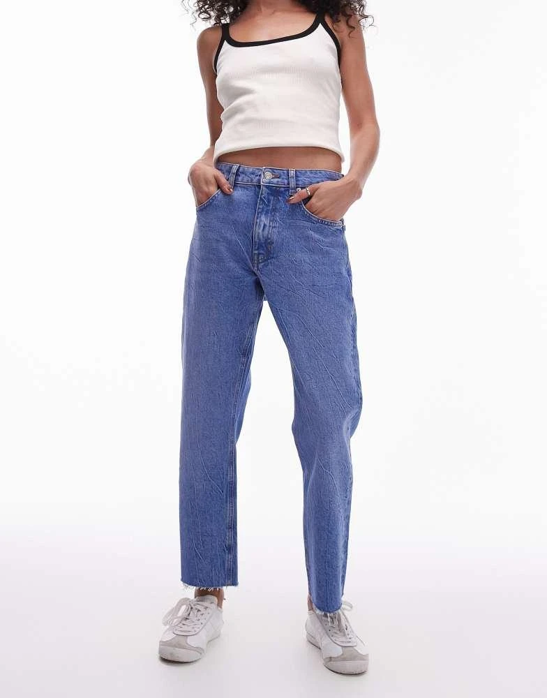 商品Topshop|Topshop cropped mid rise straight jeans with raw hems in bright mid blue,价格¥294,第1张图片