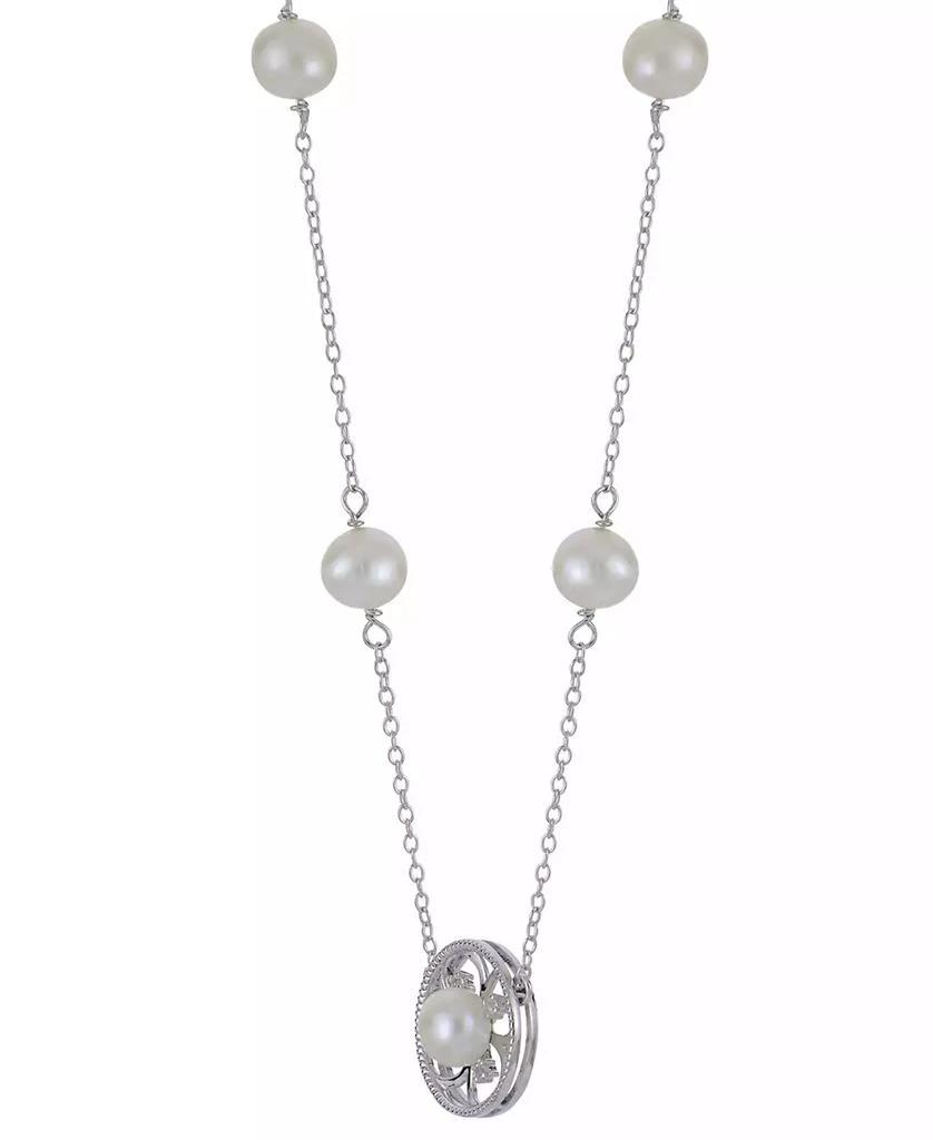 商品Macy's|Cultured Freshwater Pearl (5 - 6-1/2mm) & Lab-Created White Sapphire (1/20 ct. t.w.) Flower 18" Pendant Necklace in Sterling Silver,价格¥702,第4张图片详细描述