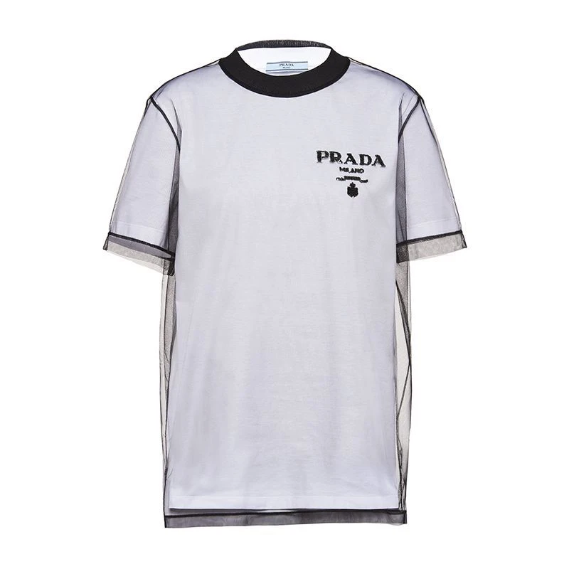 商品Prada|【预售3-7天】普拉达  女士黑白色刺绣薄纱平纹针织棉质短袖T恤3579AR_1Z5S_F0964_S_221,价格¥8656,第1张图片