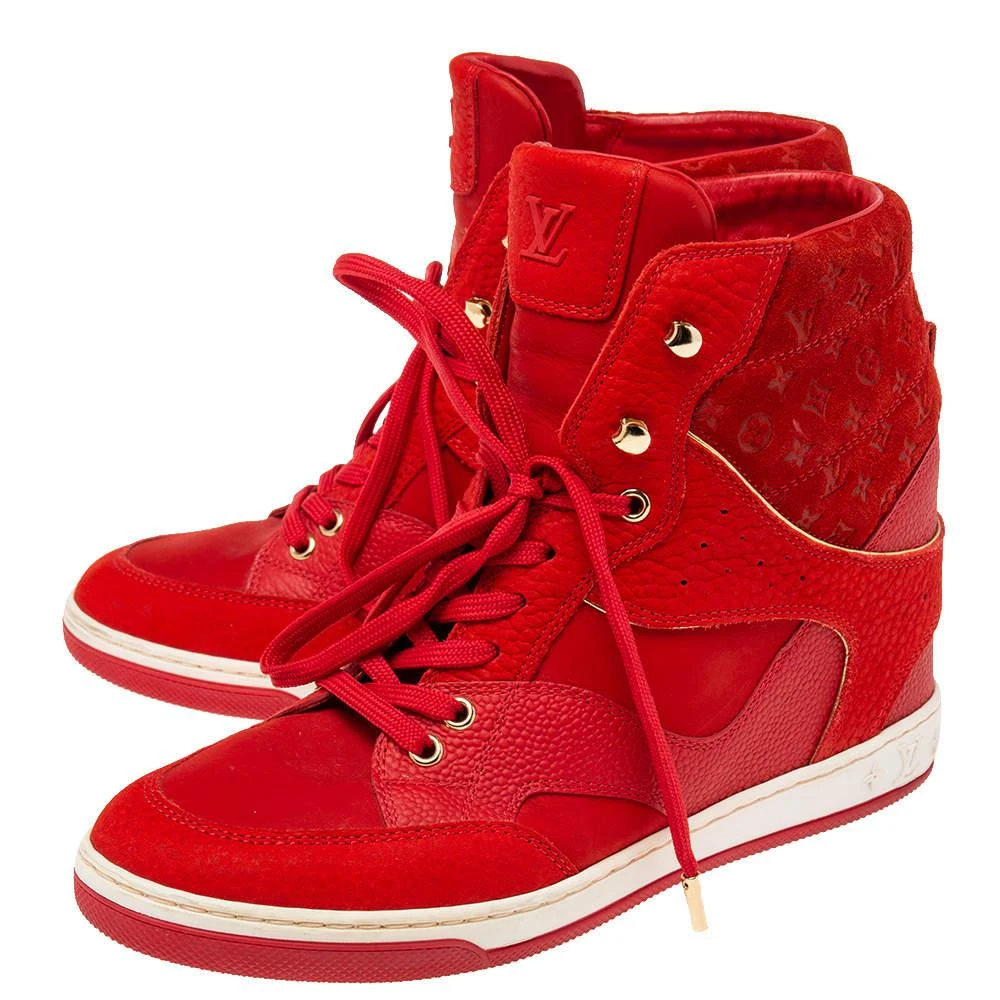 商品[二手商品] Louis Vuitton|Louis Vuitton Monogram Red Suede High Top Sneakers  Size 38.5,价格¥3129,第4张图片详细描述