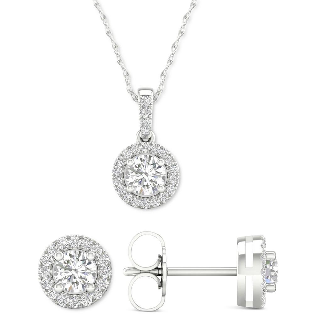 商品Macy's|2-Pc. Set Diamond Halo Pendant Necklace & Matching Stud Earrings (5/8 ct. t.w.) in 14k White Gold,价格¥18760,第1张图片