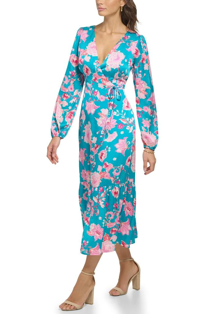 商品Kensie|Floral Long Sleeve Lace-Up Satin Maxi Dress,价格¥282,第5张图片详细描述