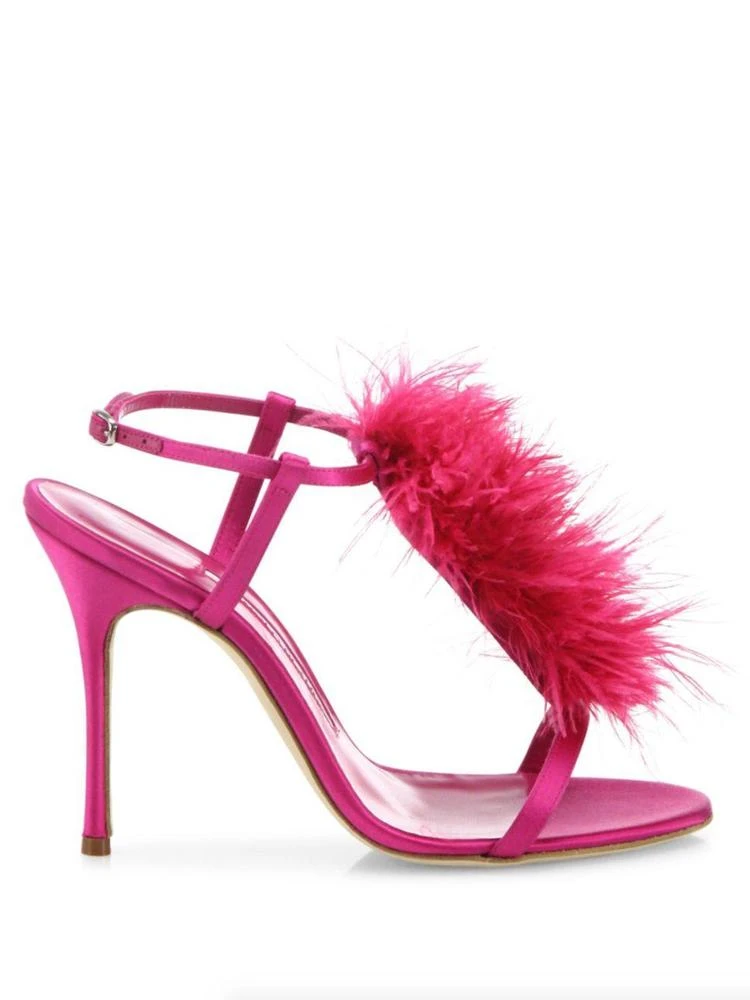 商品Manolo Blahnik|Eila Feather-Trimmed Satin T-Strap Sandals,价格¥2683,第5张图片详细描述