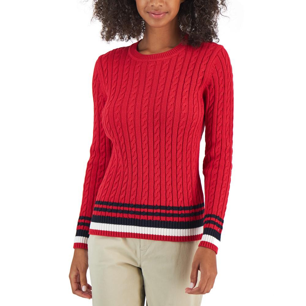 Women's Cotton Cable-Knit Tipped Sleeve Sweater商品第1张图片规格展示