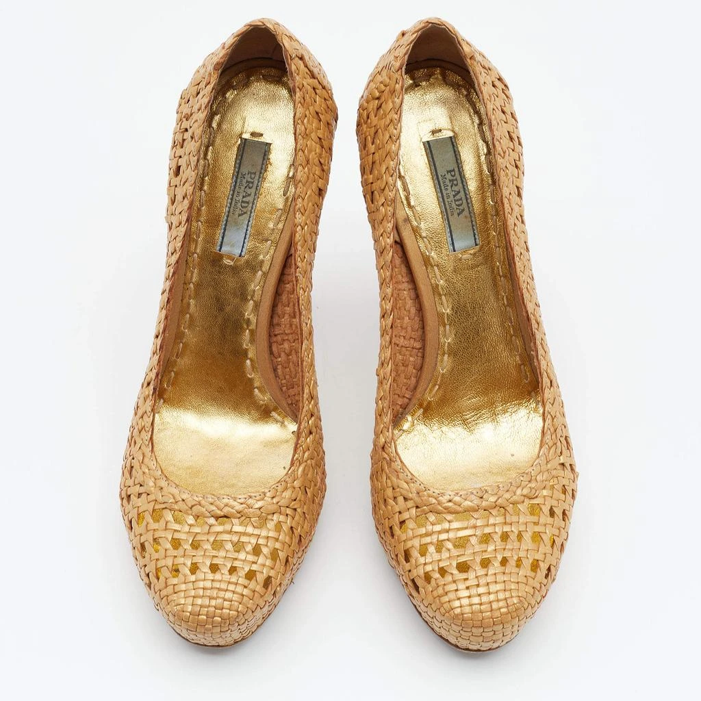 商品[二手商品] Prada|Prada Metallic Gold Woven Leather Madras Platform Pumps Size 36,价格¥877,第3张图片详细描述