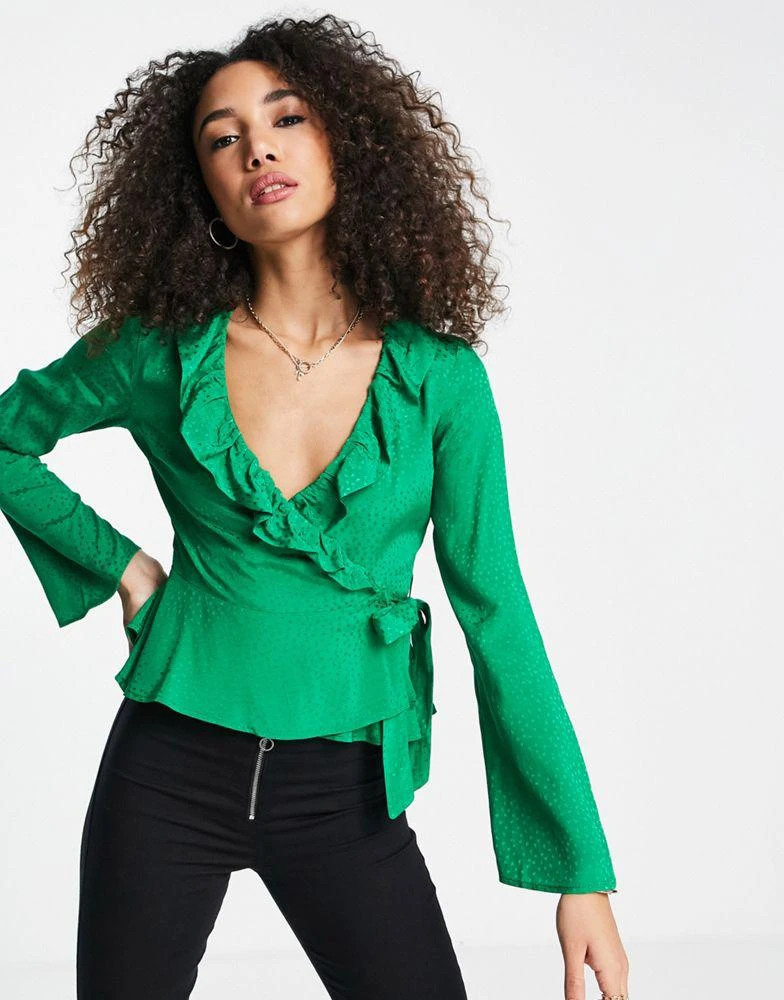 商品Topshop|Topshop jacquard wrap tea top in green,价格¥159,第1张图片