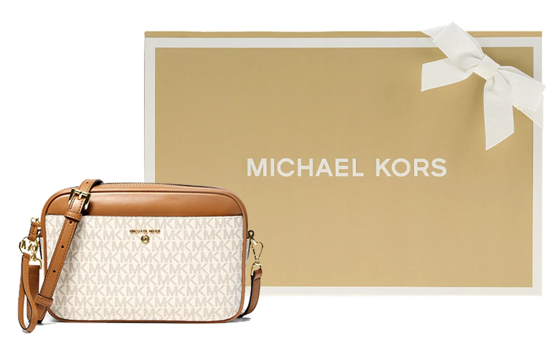商品[国内直发] Michael Kors|迈克高仕 Jet Set Charm 经典老花拼色字母LOGO复古 织物 MK相机包斜挎包 大号 女款 白色�拼橡果棕,价格¥931,第6张图片详细描述