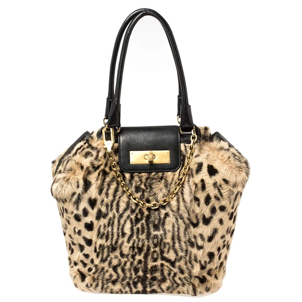 商品[二手商品] Escada|Escada Black/Beige Tiger Print Faux Fur and Leather Turnlock Flap Tote,价格¥784,第1张图片