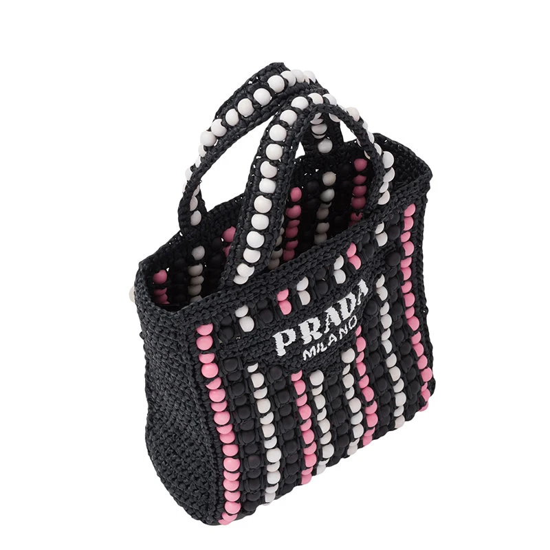 商品Prada|【预售3-7天】PRADA/普拉达 22新款 女士黑色酒椰纤维搭配彩色木质球串珠单肩手提托特包1BG425_2FJ0_F0002_V_OOO,价格¥11750,第4张图片详细描述