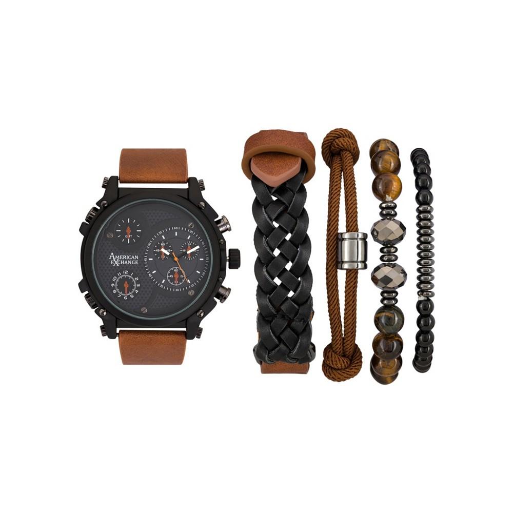 Men's Quartz Dial Brown Leather Strap Watch, 48mm and Assorted Stackable Bracelets Gift Set, Set of 5商品第1张图片规格展示
