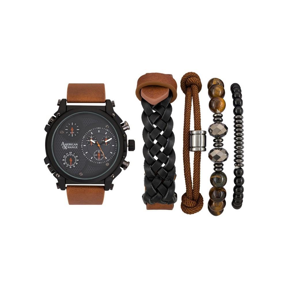 商品American Exchange|Men's Quartz Dial Brown Leather Strap Watch, 48mm and Assorted Stackable Bracelets Gift Set, Set of 5,价格¥148,第1张图片