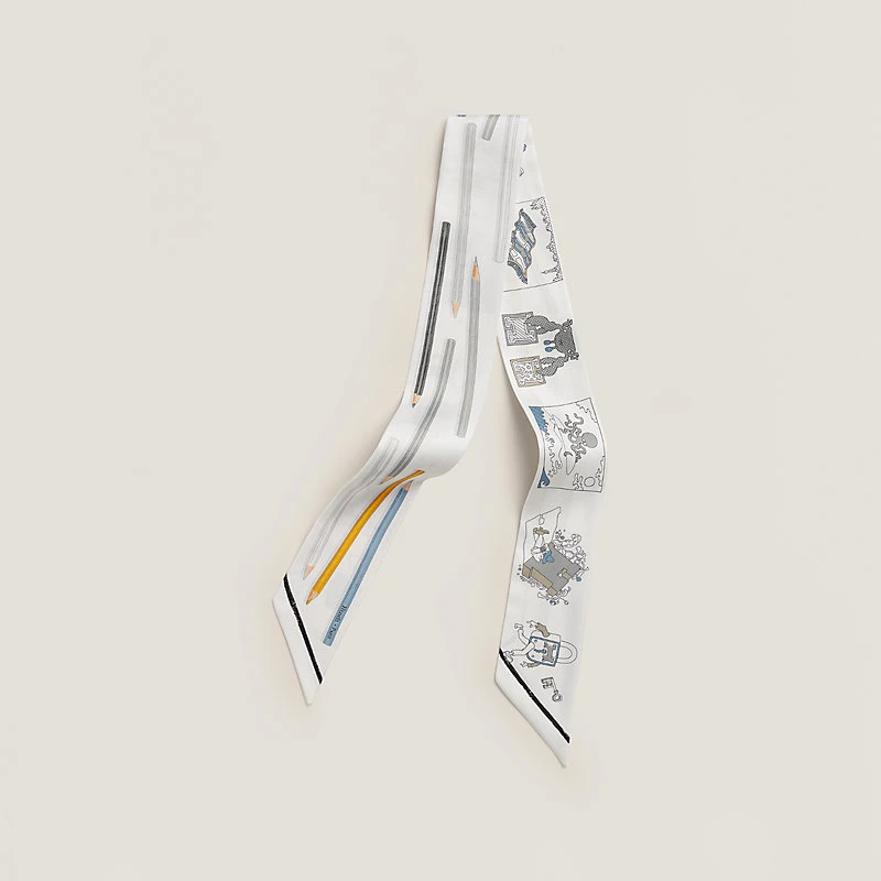 商品Hermes|Hermes爱马仕 Twilly女士白色/灰色真丝丝巾,价格¥1777,第1张图片