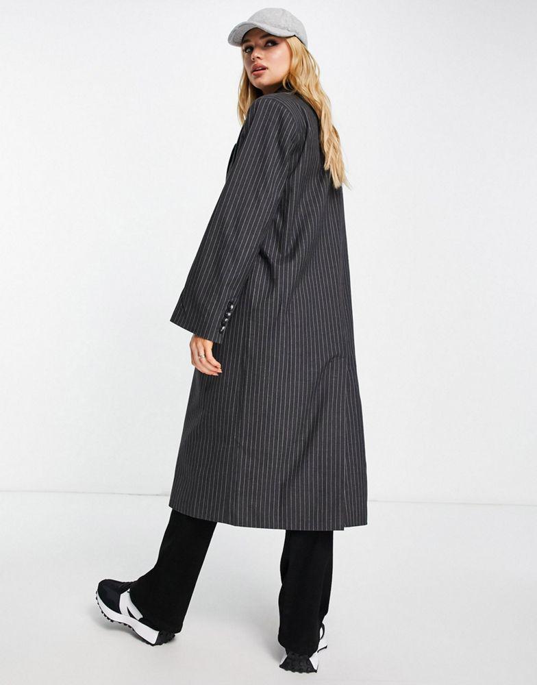 Topshop pinstripe oversized dad coat in charcoal商品第2张图片规格展示