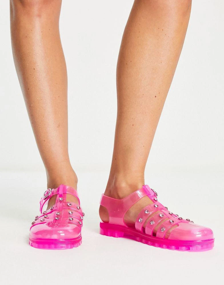 商品ASOS|ASOS DESIGN Mackenzie gem fisherman jelly flat shoes in pink,价格¥84,第2张图片详细描述