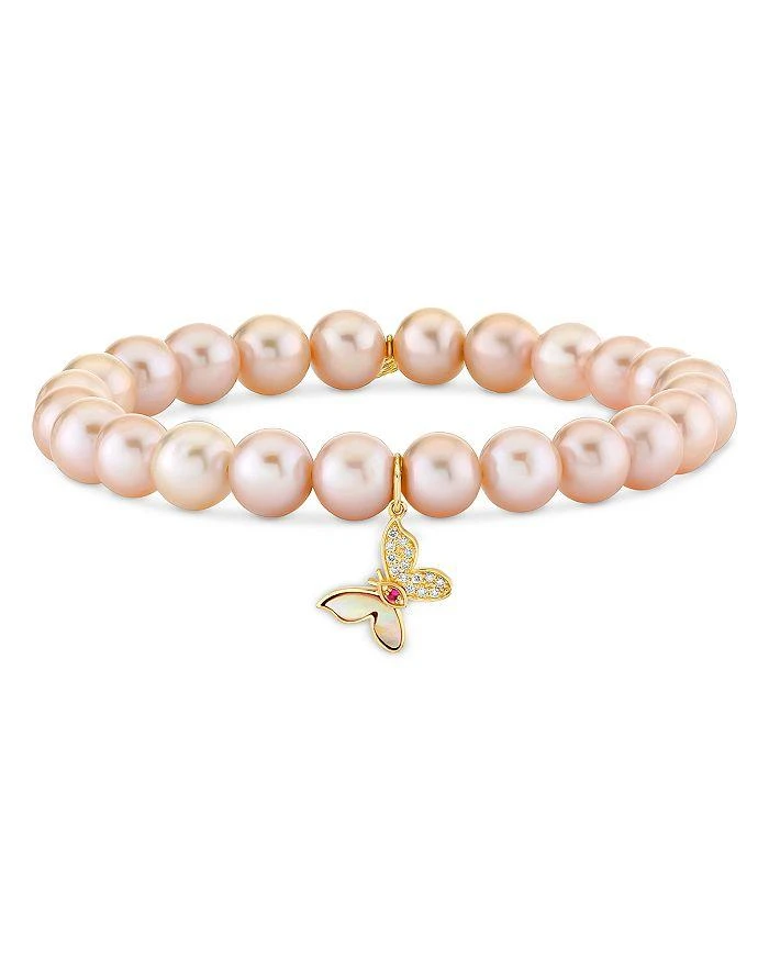 商品Sydney Evan|Wicked x Sydney Evan 14K Yellow Gold Diamond Glinda Butterfly Charm Freshwater Rose Pearl Stretch Bracelet,价格¥7601,第1张图片详细描述