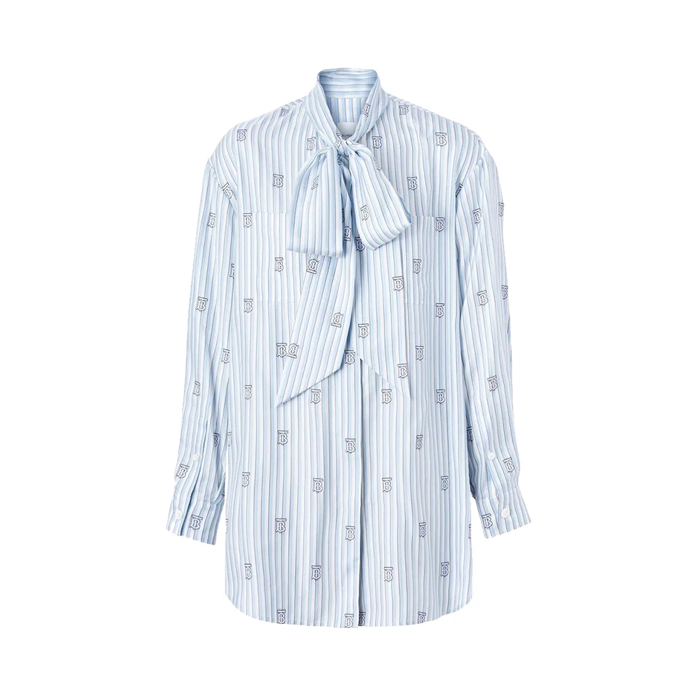 商品Burberry|BURBERRY 女士浅蓝色条纹徽标印花条纹蝴蝶结长袖女衫 8050611,价格¥2614,第1张图片