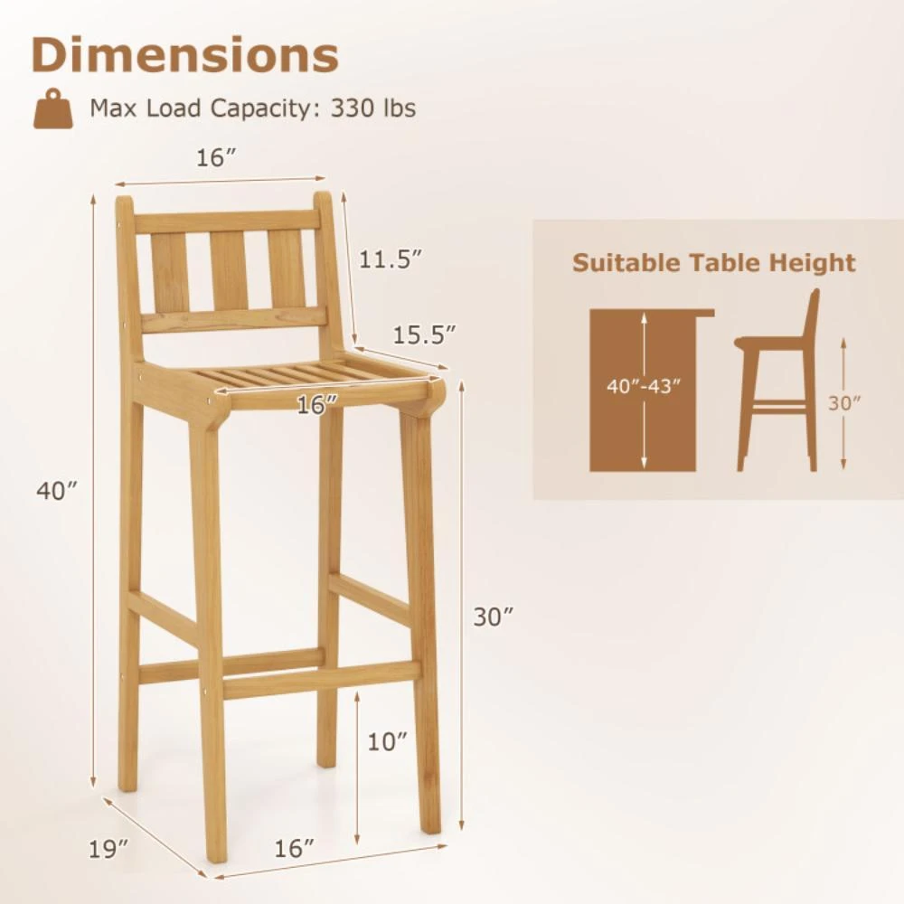 商品Hivvago|30 Inch Teak Wood Bar Chair with Footrest and Backrest for Deck Poolside Garden,价格¥1169,第5张图片详细描述