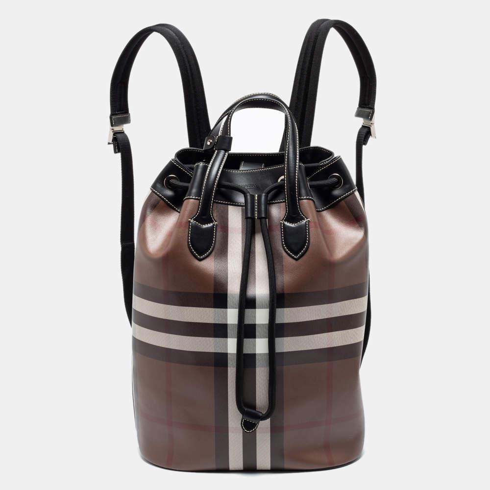 Burberry Brown/Black Check Print Coated Canvas and Leather Drawstring Backpack商品第1张图片规格展示