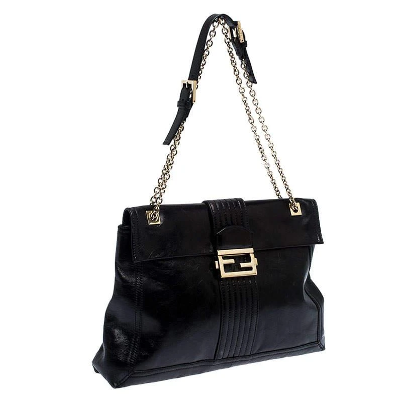 商品[二手商品] Fendi|Fendi Black Leather Maxi Baguette Flap Shoulder Bag,价格¥6563,第3张图片详细描述