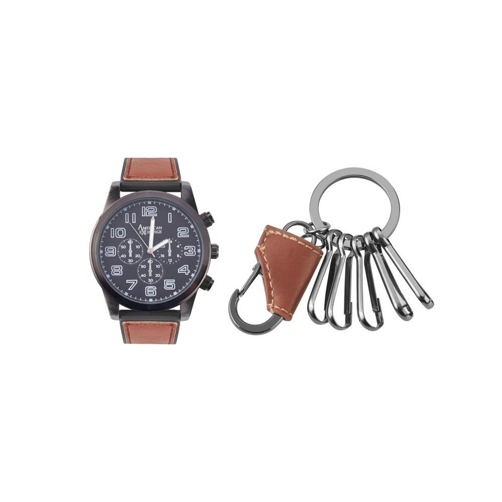 Men's Quartz Movement Cognac Leather Strap Analog Watch, 48mm and Keychain with Zippered Travel Pouch商品第1张图片规格展示