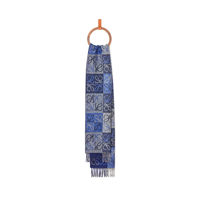商品Loewe|罗意威 23年早春 女士蓝色羊毛和羊绒混纺老花图案围巾F810487X17-5100,价格¥3071,第1张图片