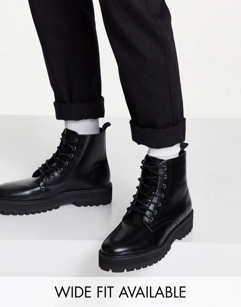 商品ASOS|ASOS DESIGN lace up boot in black faux leather with raised chunky sole,价格¥215,第1张图片