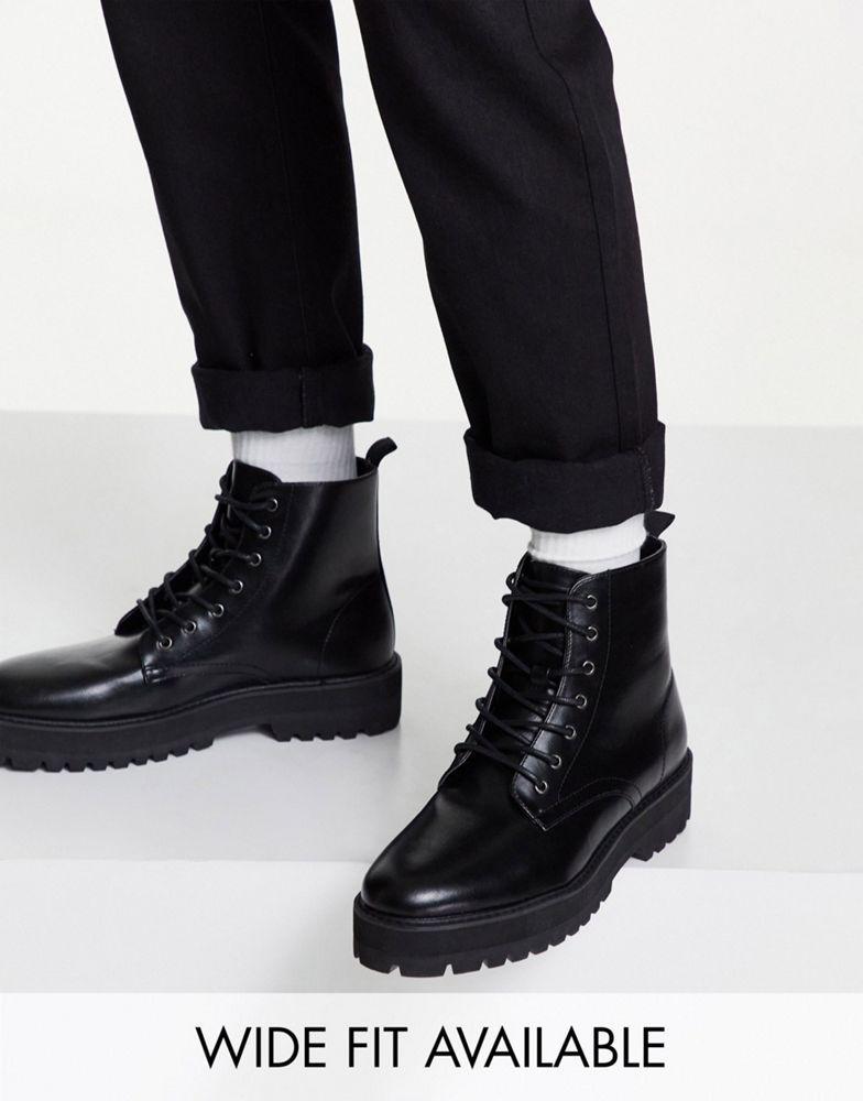 商品ASOS|ASOS DESIGN lace up boot in black faux leather with raised chunky sole,价格¥378,第1张图片