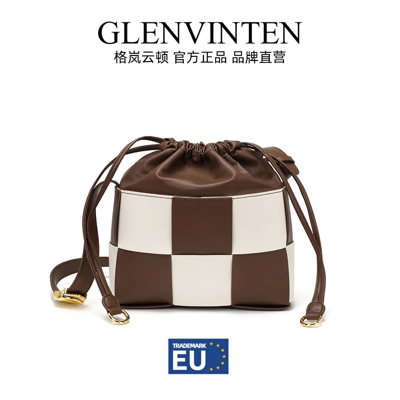 商品[国内直发] GLENVINTEN|格岚云顿2022秋冬时尚百搭牛皮编织包女牛皮拼色抽绳束口单肩斜挎水桶包,价格¥375,第1张图片