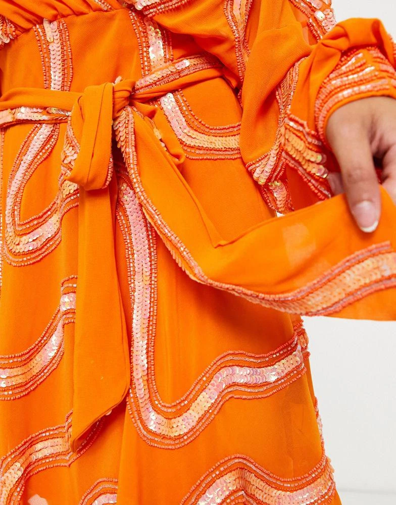 商品ASOS|ASOS DESIGN Tall rouleaux loop tie waist mini dress with swirl embellishment in orange,价格¥579,第3张图片详细描述