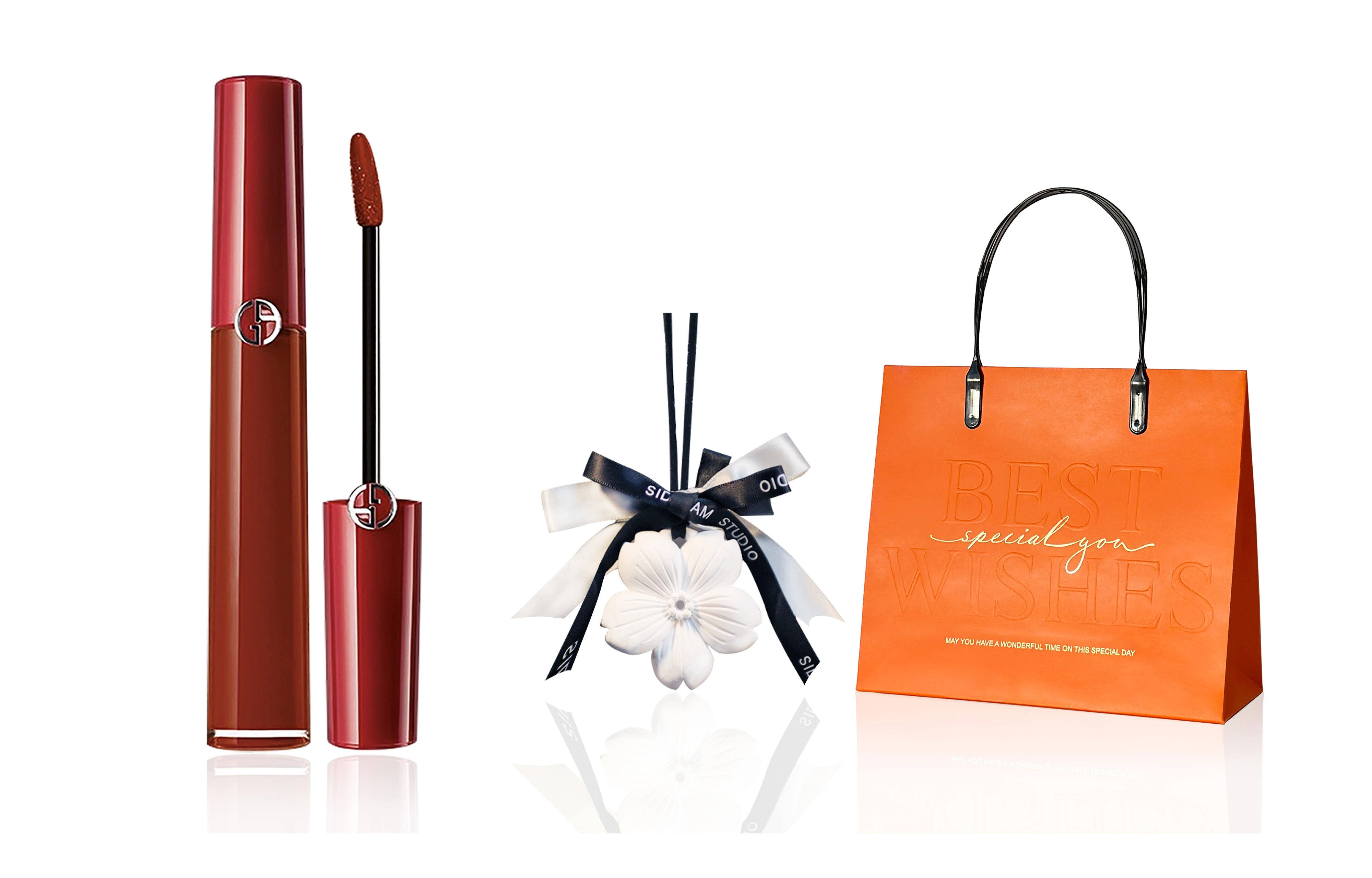 商品[国内直发] Giorgio Armani|乔治阿玛尼 红管 心想事橙礼遇彩妆套装 丝绒缎面自然持久哑光雾面不晕染素颜气色 三件套,价格¥396,第3张图片详细描述