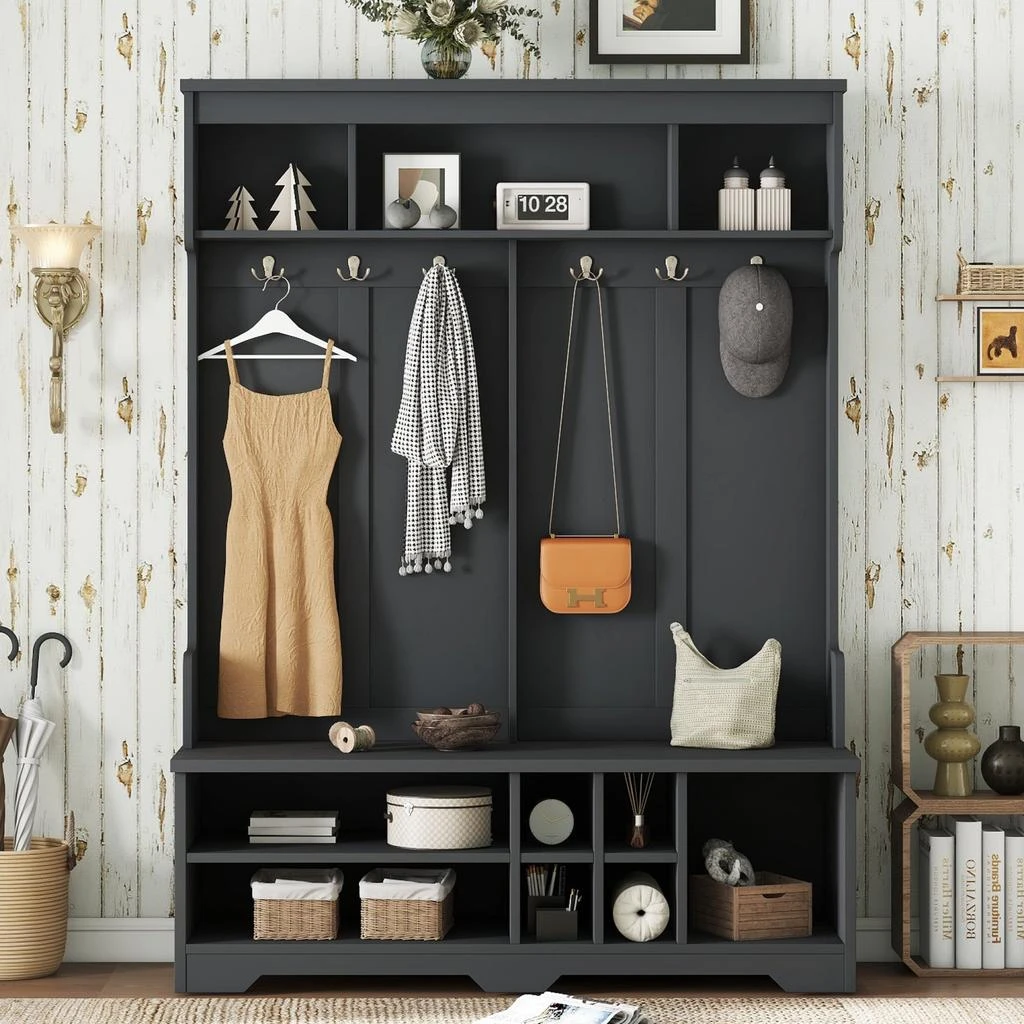 商品Streamdale Furniture|Streamdale Hall Tree Coat Rack Shoe Cubby Storage - Black,价格¥2898,第1张图片