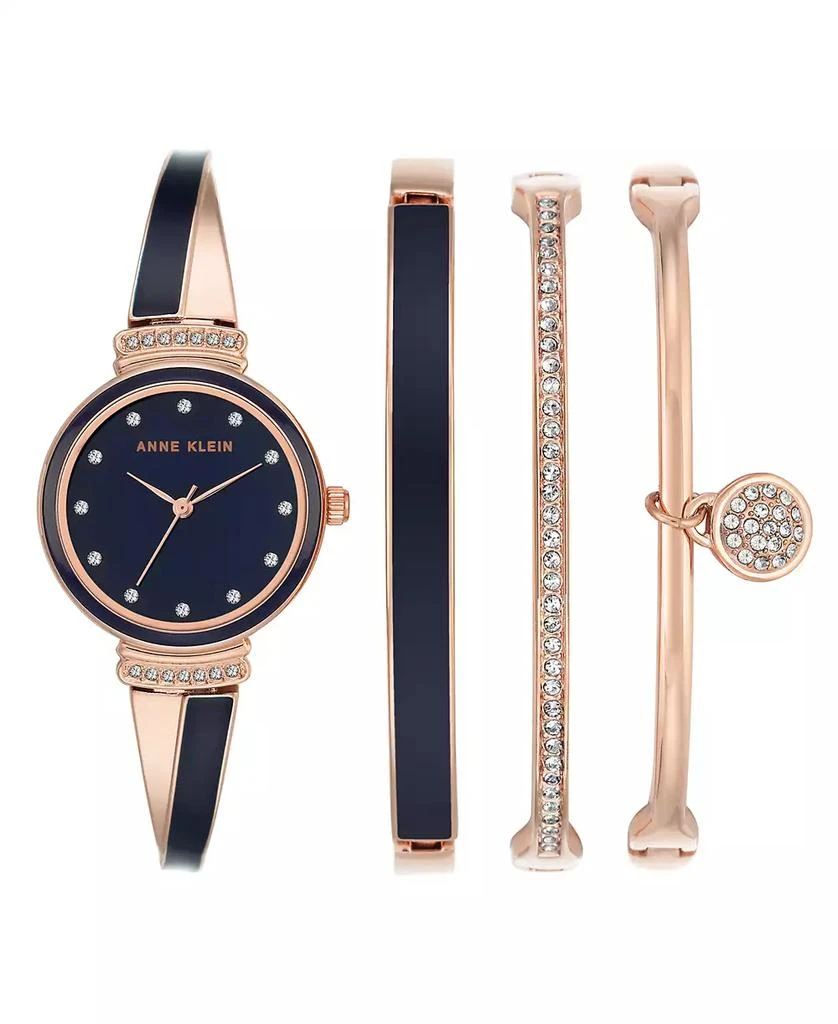 商品Anne Klein|Women's Rose Gold-Tone Alloy Bangle with Navy Enamel and Crystal Accents Fashion Watch 33.5mm Set 4 Pieces,价格¥1326,第1张图片