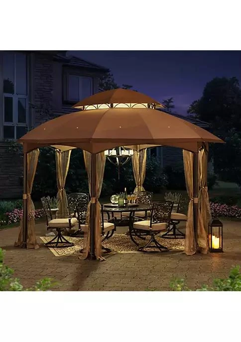 商品Sunjoy|13.5 Ft. X 13.5 Ft. Brown Steel Gazebo With 2 Tier Tan And Brown Dome Canopy,价格¥6714,第2张图片详细描述