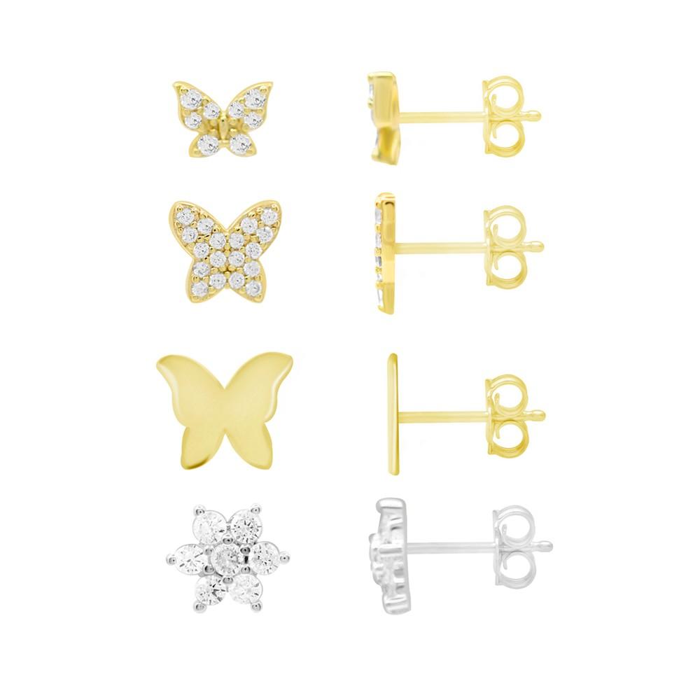 High Polished and Cubic Zirconia Butterfly Flower Mix Match 4 Stud Earring Set, Gold Plate and Silver Plate商品第1张图片规格展示