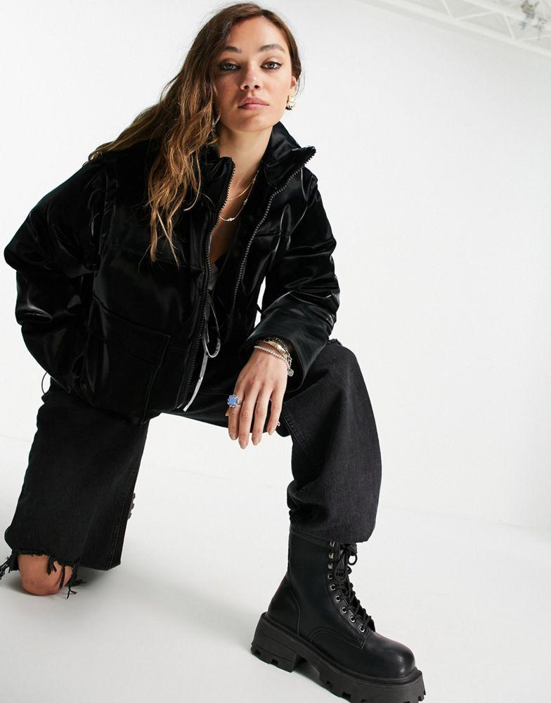 商品Topshop|Topshop sheen puffer jacket with removeable sleeves in black,价格¥320,第4张图片详细描述