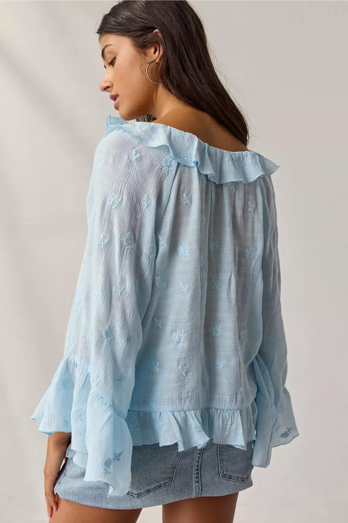 【Audire】ruffle sleeve blouse (Blue)/M Gossamer Pink Textured Bow Frilled Ruffle Sleeve Blouse