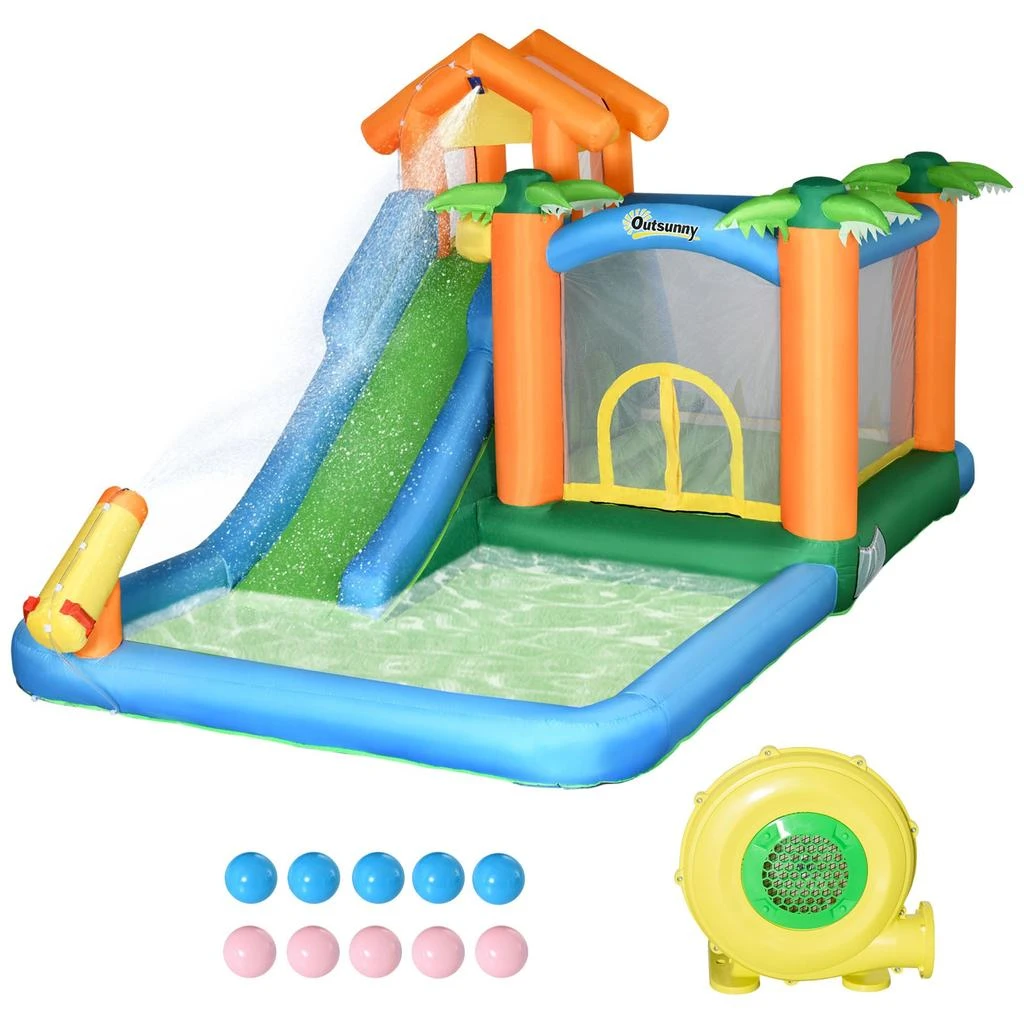 商品Streamdale Furniture|Streamdale 6-in-1 Tropical Inflatable Water Slide Summer Theme Jumping Castle Includes Floating Ball Slide Trampoline Pool Cannon Climbing Wall with Carry Bag,价格¥4695,第1张图片