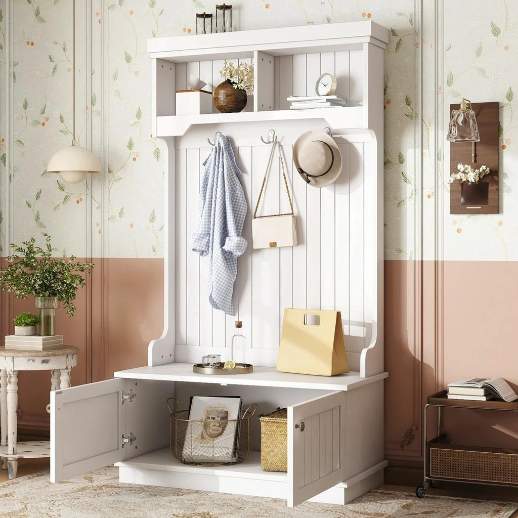 商品Streamdale Furniture|Streamdale Hall Tree Entryway Shoe Bench Coat Rack Hooks - White,价格¥2277,第2张图片详细描述