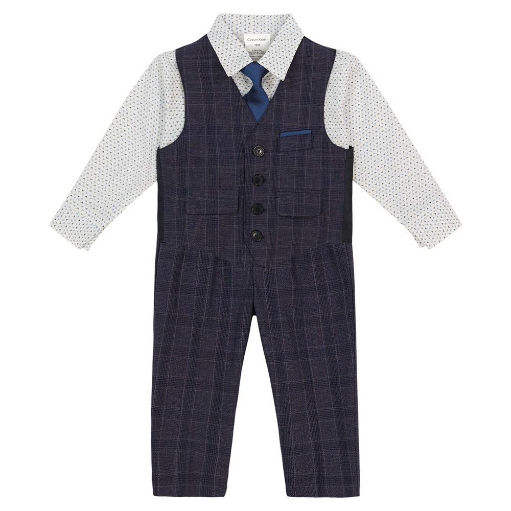 商品Calvin Klein|Little Boys Textured Plaid Vest, Dress Shirt, Pant and Clip-on Tie, 4 Piece Set,价格¥365,第4张图片详细描述