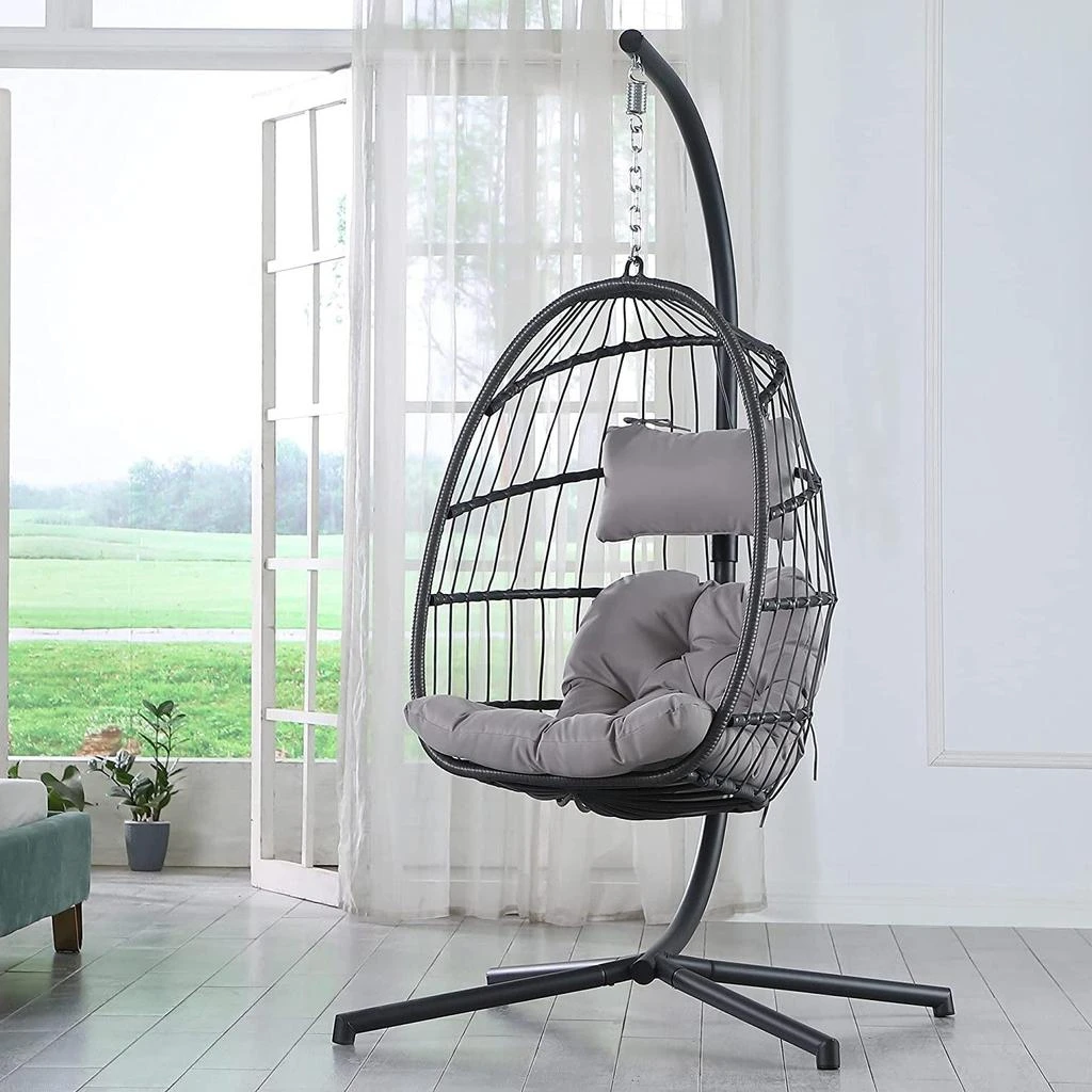 商品QuikFurn|Grey Indoor/Outdoor Wicker Rattan Aluminum Frame Swing Egg Chair Hammock,价格¥4820,第2张图片详细描述