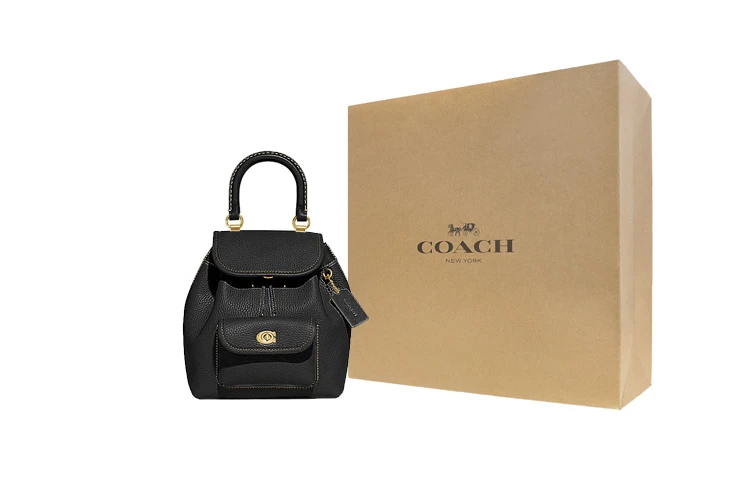 商品[国内直发] Coach|蔻驰 23 拉绳搭扣开合 牛皮革 背包双肩包 中号 女款 黑色,价格¥2602,第6张图片详细描述